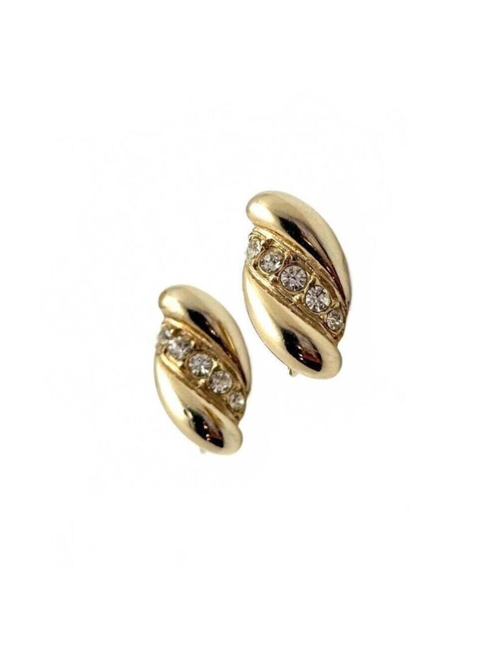 Vintage Gold Tone Rhinestone Clip Earrings Oval Swirl Design 1980s